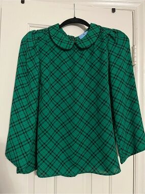 Cece Girls Green Plaid Long-Sleeve Top with Peter Pan Collar